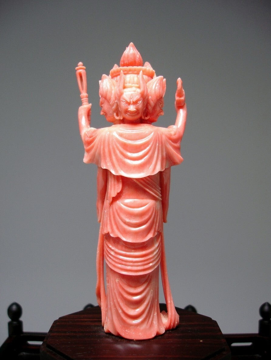 Horse‑Headed Kannon (Batō Kannon) — Master Kumazawa Kizan — Natural Coral Carving with Signed Tomobako — Showa Era Japan