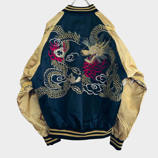 Hoshihime Dragon Sukajan Jacket Gold Embroidered Twin Dragon Satin Souvenir Jacket Navy Gold Japanese Streetwear 3L XXL