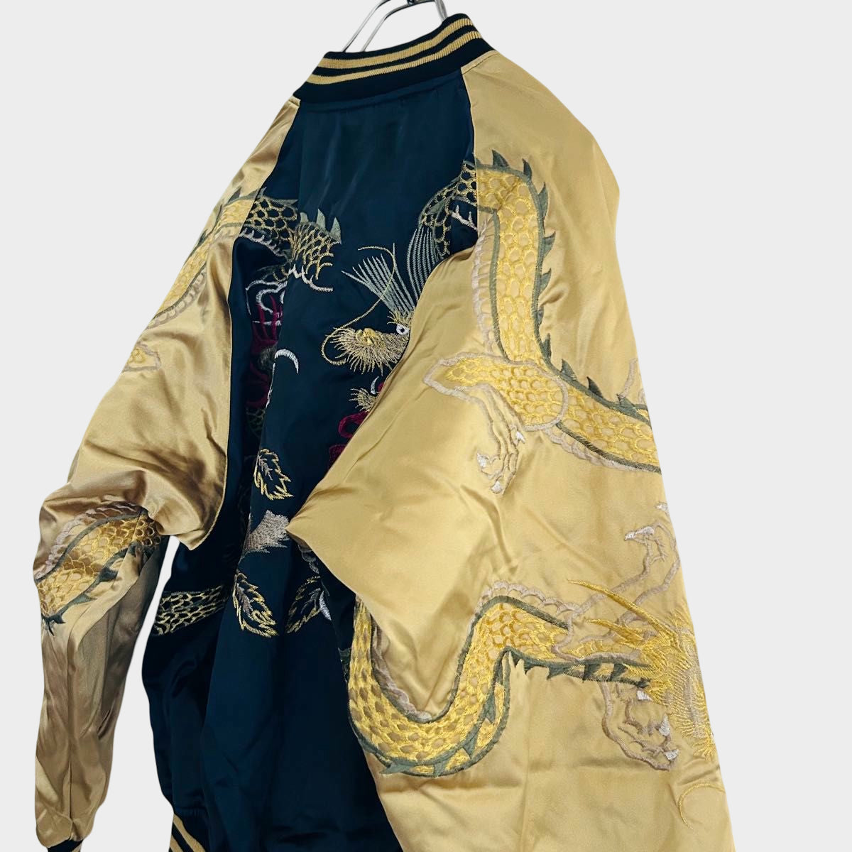 Hoshihime Dragon Sukajan Jacket Gold Embroidered Twin Dragon Satin Souvenir Jacket Navy Gold Japanese Streetwear 3L XXL