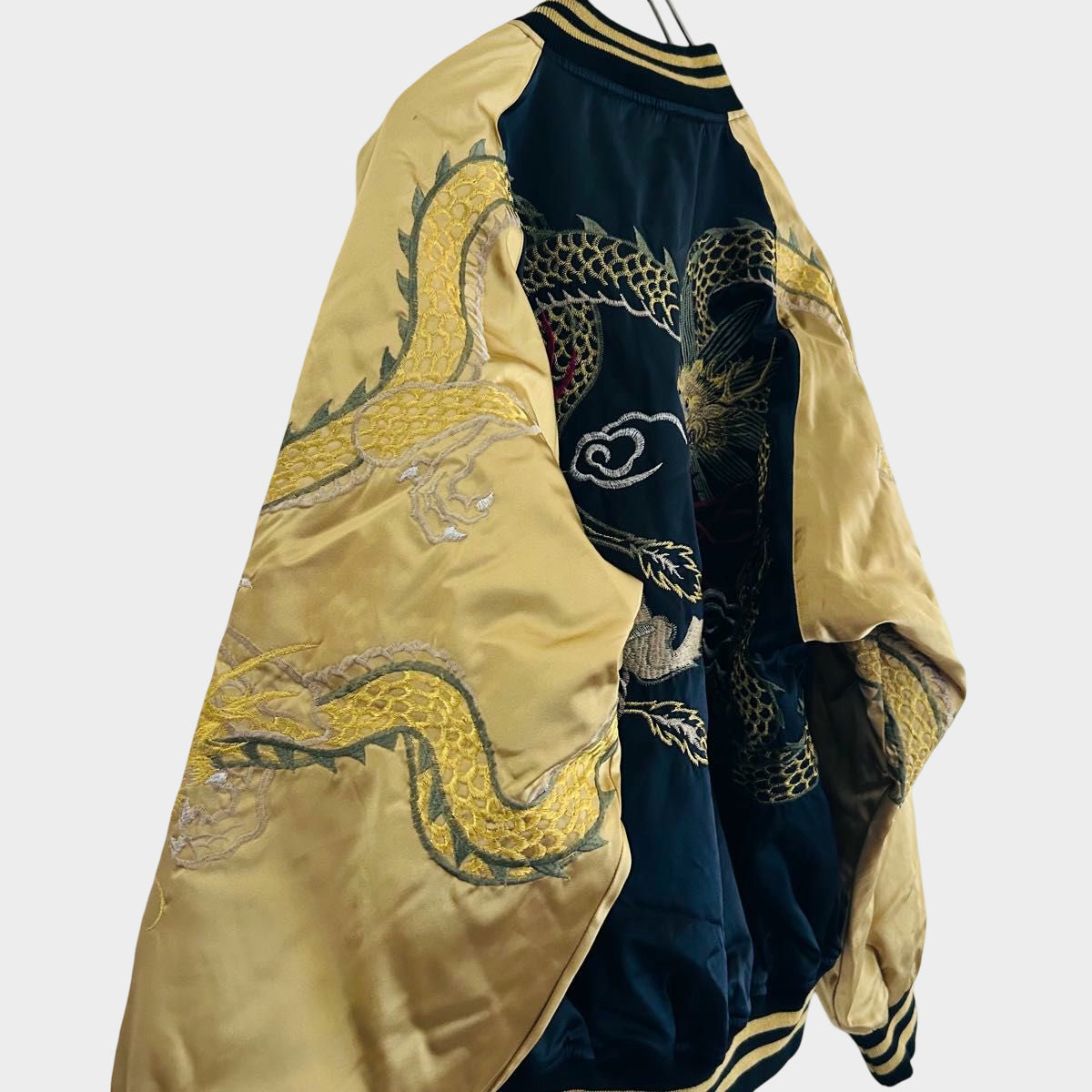 Hoshihime Dragon Sukajan Jacket Gold Embroidered Twin Dragon Satin Souvenir Jacket Navy Gold Japanese Streetwear 3L XXL