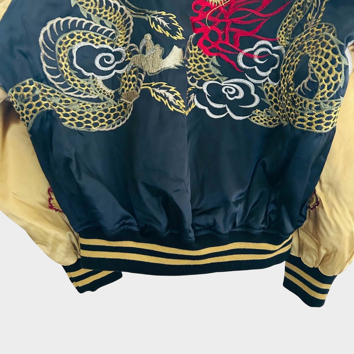 Hoshihime Dragon Sukajan Jacket Gold Embroidered Twin Dragon Satin Souvenir Jacket Navy Gold Japanese Streetwear 3L XXL