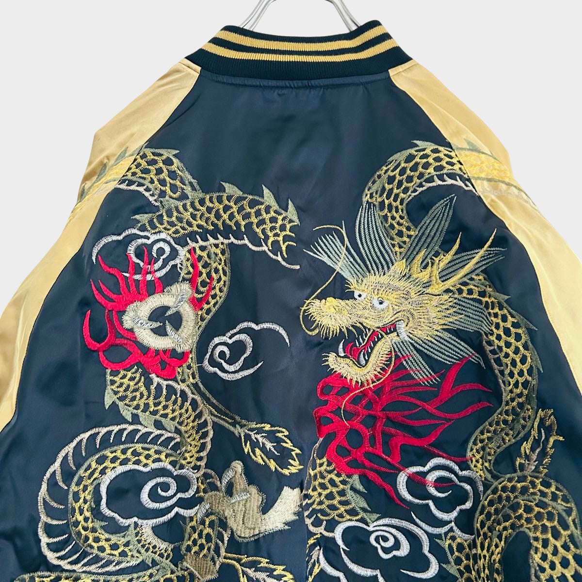 Hoshihime Dragon Sukajan Jacket Gold Embroidered Twin Dragon Satin Souvenir Jacket Navy Gold Japanese Streetwear 3L XXL