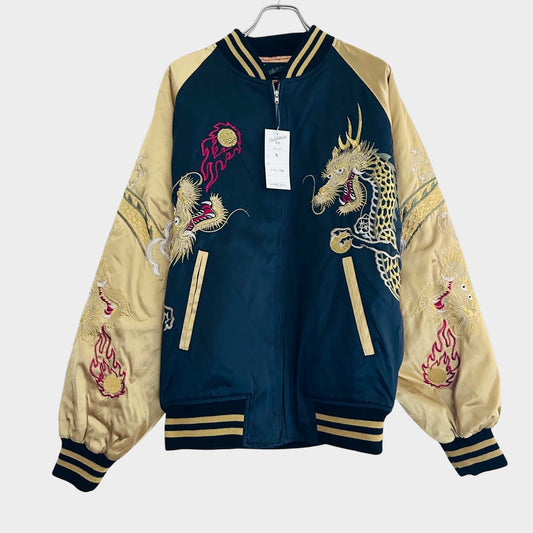 Hoshihime Dragon Sukajan Jacket Gold Embroidered Twin Dragon Satin Souvenir Jacket Navy Gold Japanese Streetwear 3L XXL
