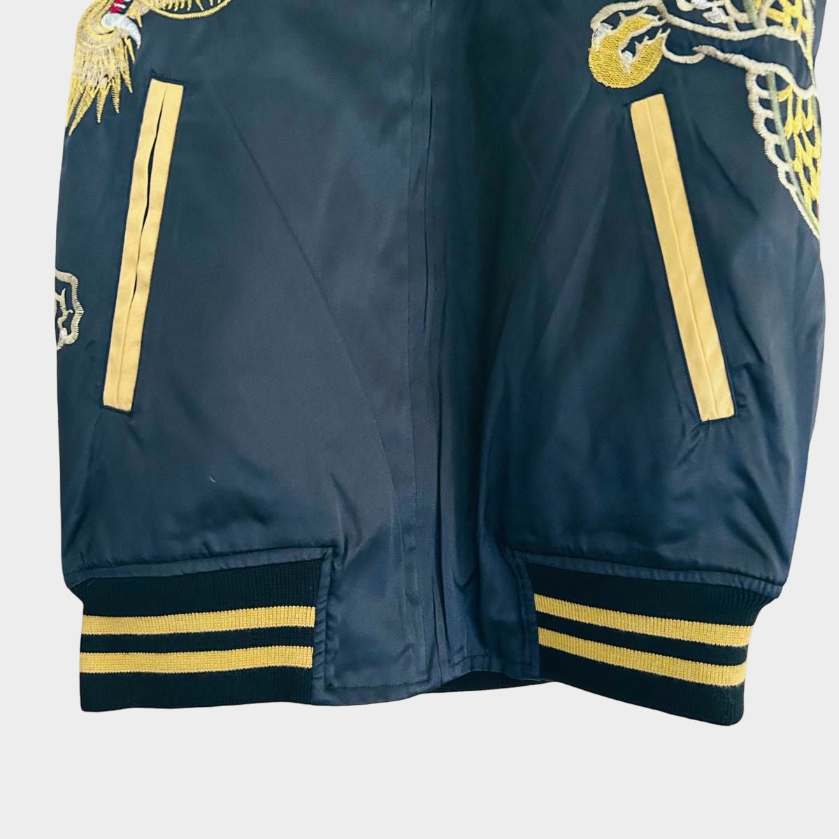 Hoshihime Dragon Sukajan Jacket Gold Embroidered Twin Dragon Satin Souvenir Jacket Navy Gold Japanese Streetwear 3L XXL