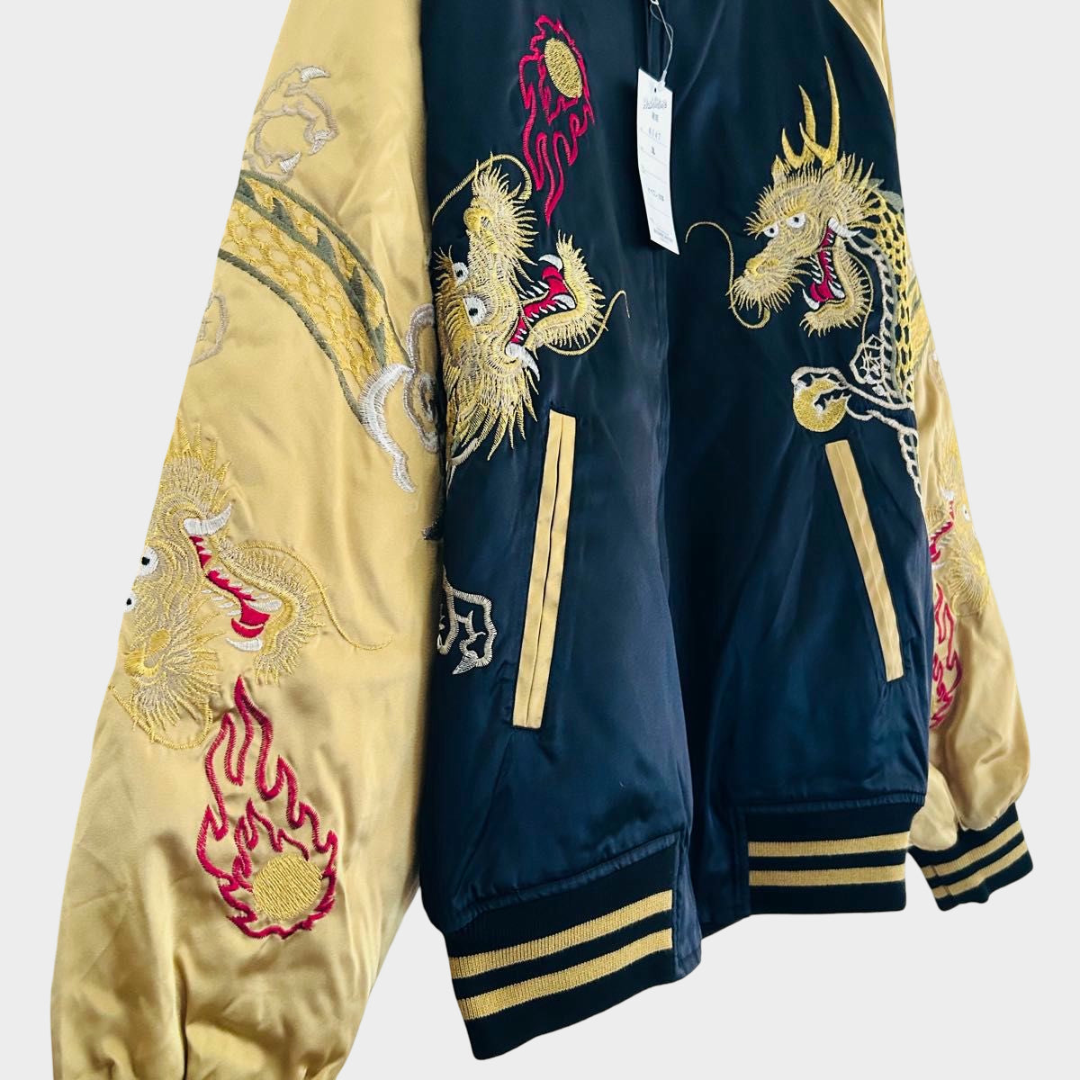Hoshihime Dragon Sukajan Jacket Gold Embroidered Twin Dragon Satin Souvenir Jacket Navy Gold Japanese Streetwear 3L XXL