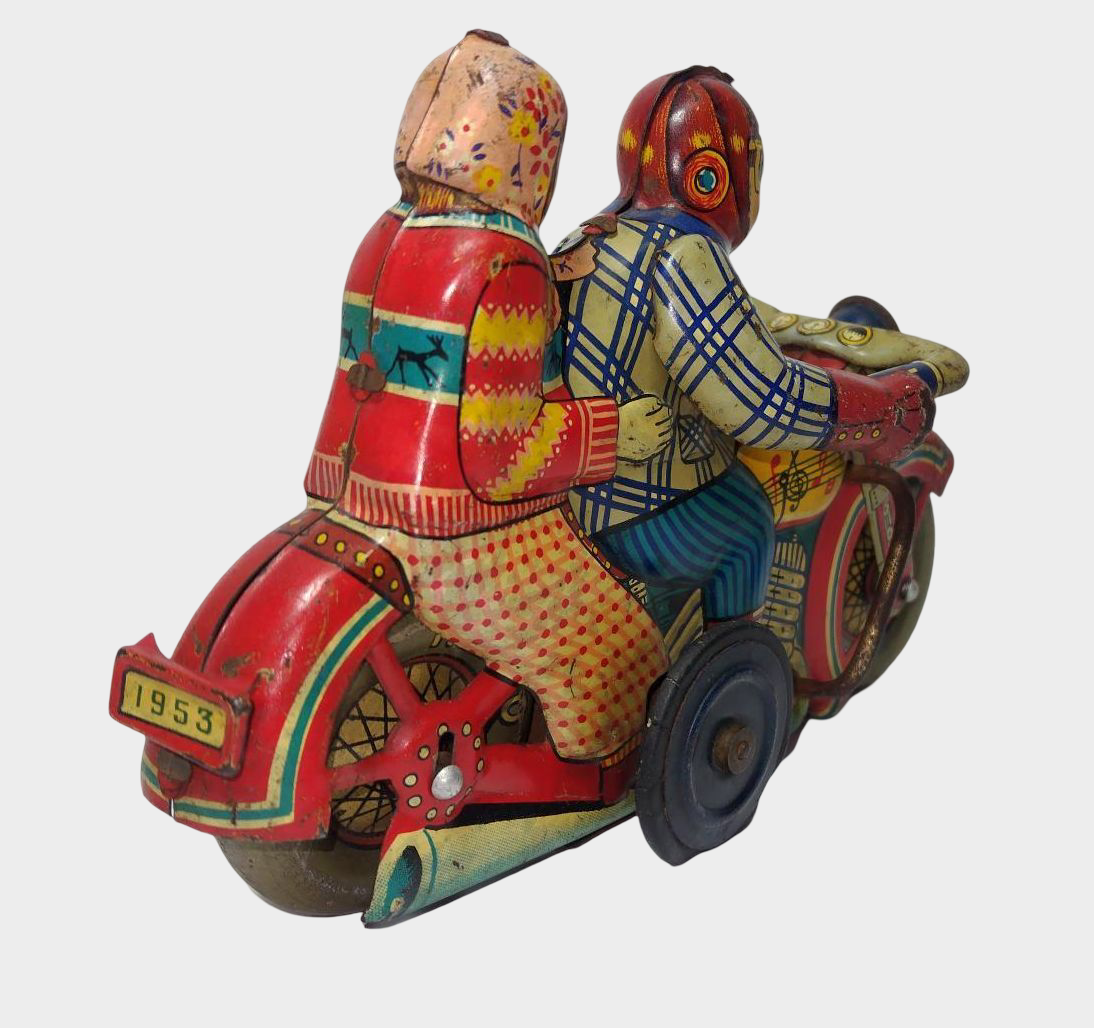 Vintage I.Y. Metal Toys Romance Motorcycle 1953 Tin Toy Japan Showa 28 Two Riders Rare