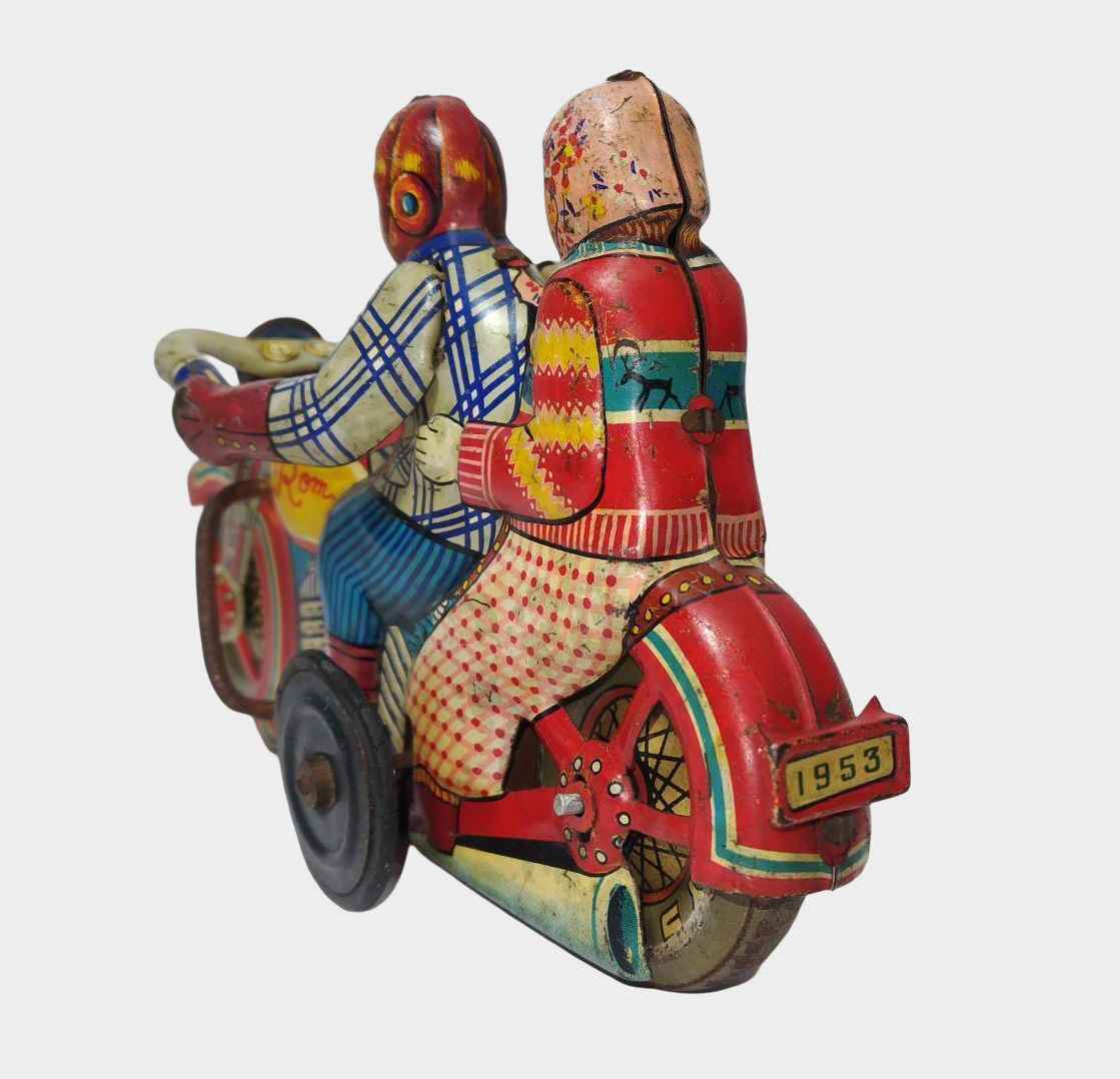 Vintage I.Y. Metal Toys Romance Motorcycle 1953 Tin Toy Japan Showa 28 Two Riders Rare