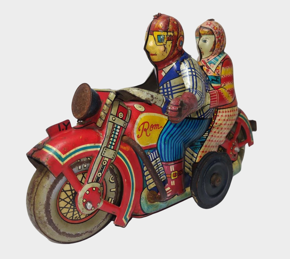Vintage I.Y. Metal Toys Romance Motorcycle 1953 Tin Toy Japan Showa 28 Two Riders Rare