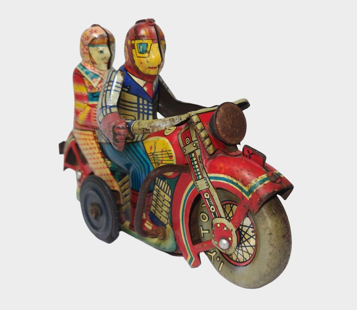 Vintage I.Y. Metal Toys Romance Motorcycle 1953 Tin Toy Japan Showa 28 Two Riders Rare