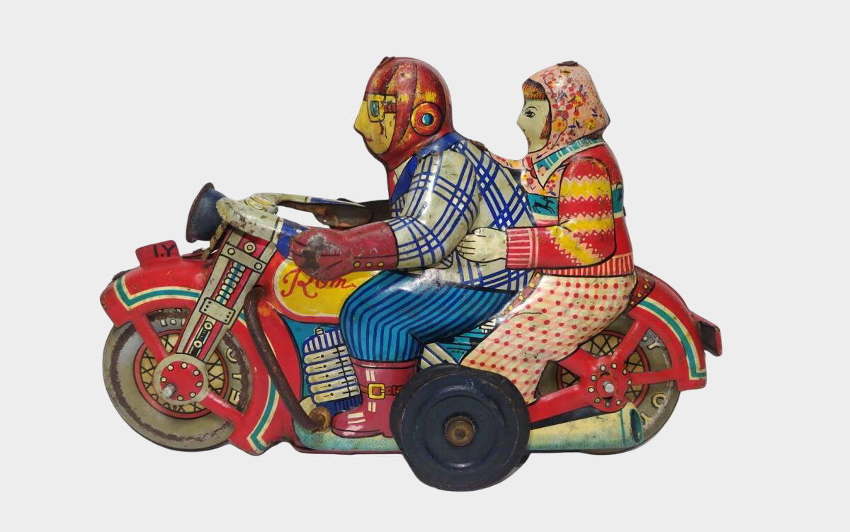 Vintage I.Y. Metal Toys Romance Motorcycle 1953 Tin Toy Japan Showa 28 Two Riders Rare