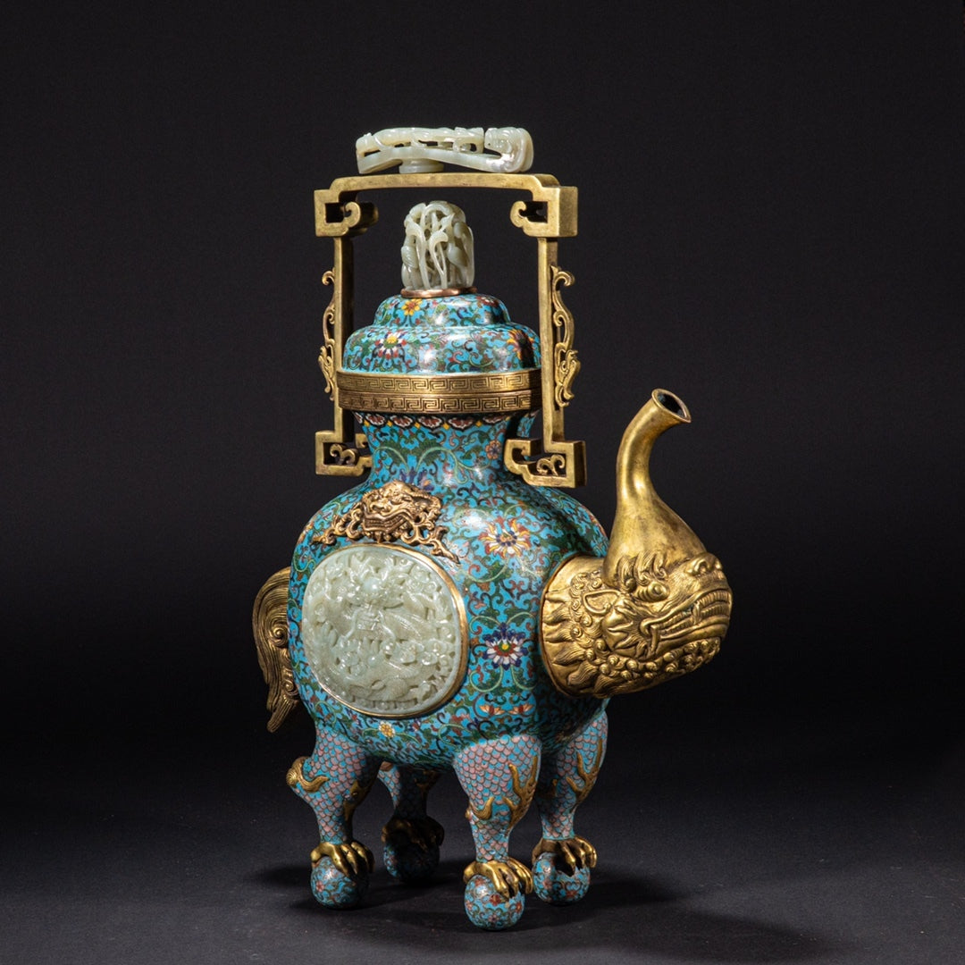 Imperial-Style Chinese Cloisonné Wine Ewer with Carved Jade Medallion — Qing Dynasty Court Tradition Decorative Bronze Vessel