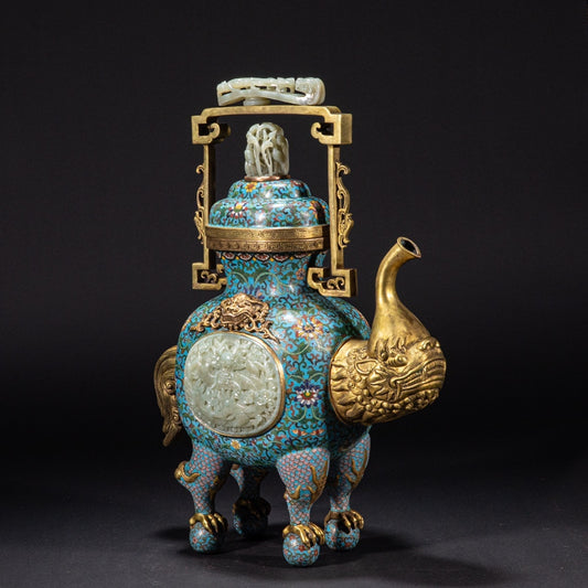 Imperial-Style Chinese Cloisonné Wine Ewer with Carved Jade Medallion — Qing Dynasty Court Tradition Decorative Bronze Vessel