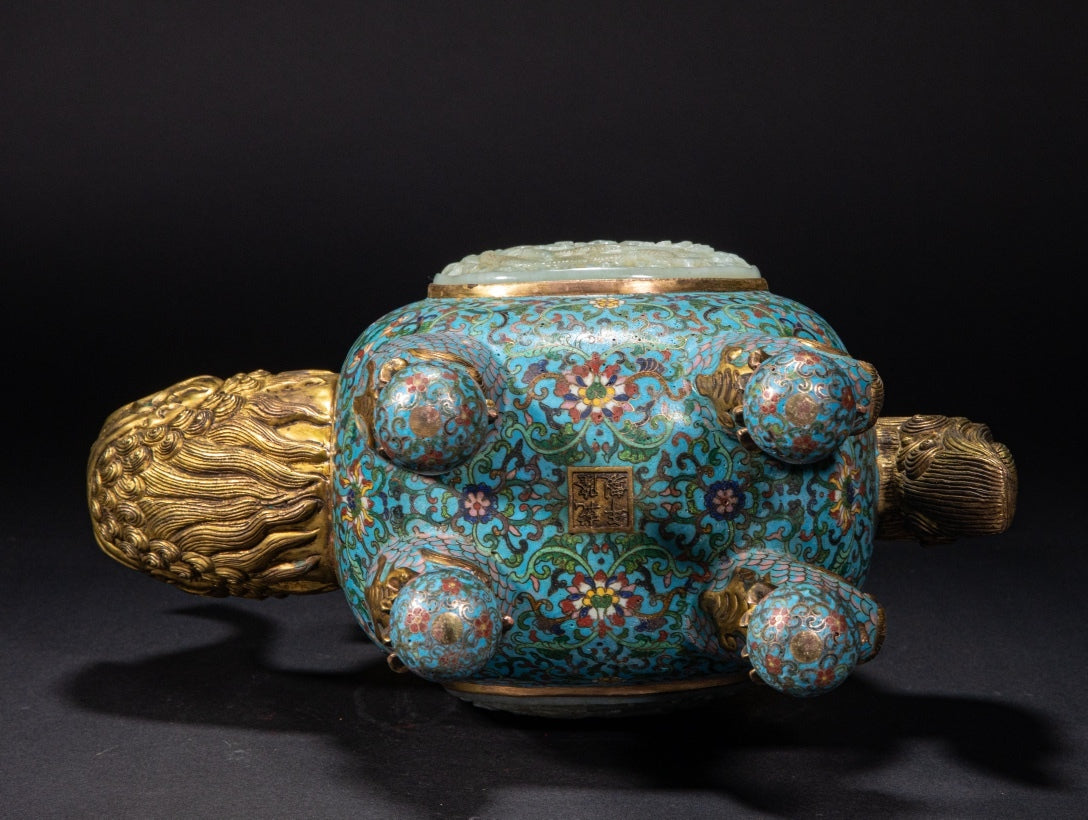 Imperial-Style Chinese Cloisonné Wine Ewer with Carved Jade Medallion — Qing Dynasty Court Tradition Decorative Bronze Vessel