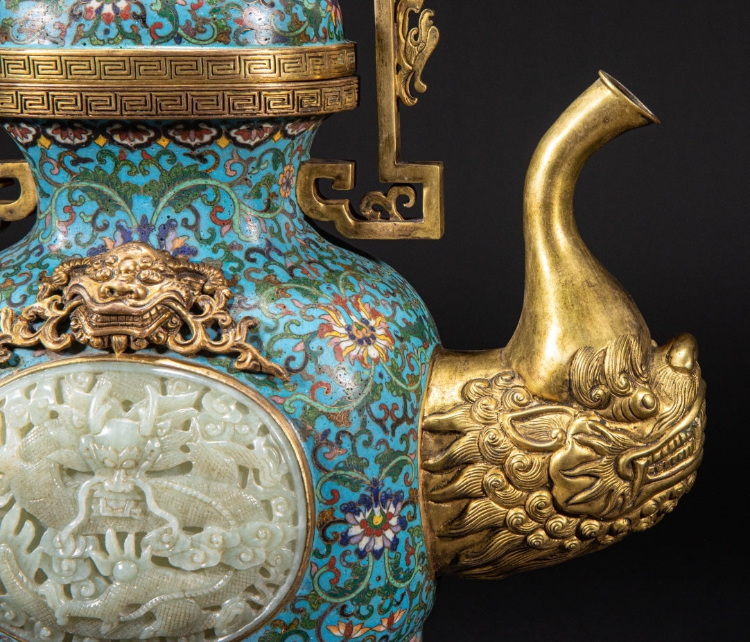 Imperial-Style Chinese Cloisonné Wine Ewer with Carved Jade Medallion — Qing Dynasty Court Tradition Decorative Bronze Vessel
