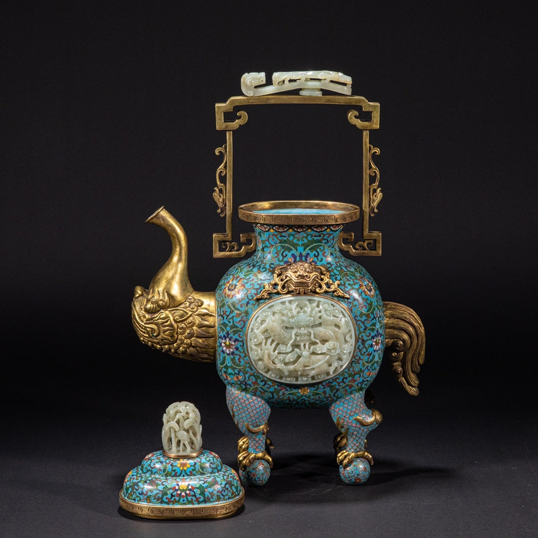 Imperial-Style Chinese Cloisonné Wine Ewer with Carved Jade Medallion — Qing Dynasty Court Tradition Decorative Bronze Vessel