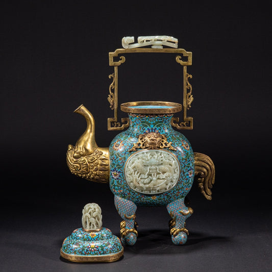 Imperial-Style Chinese Cloisonné Wine Ewer with Carved Jade Medallion — Qing Dynasty Court Tradition Decorative Bronze Vessel