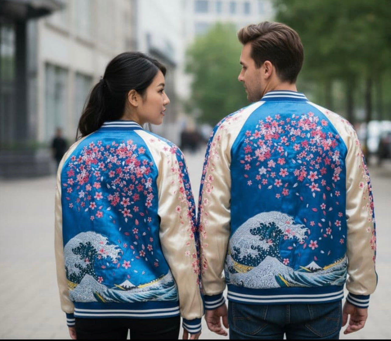 Reversible Japanese Sukajan Jacket – Red Koi Fish & Sakura Embroidery / Hokusai Great Wave Blue Satin Bomber (Vintage Preloved)