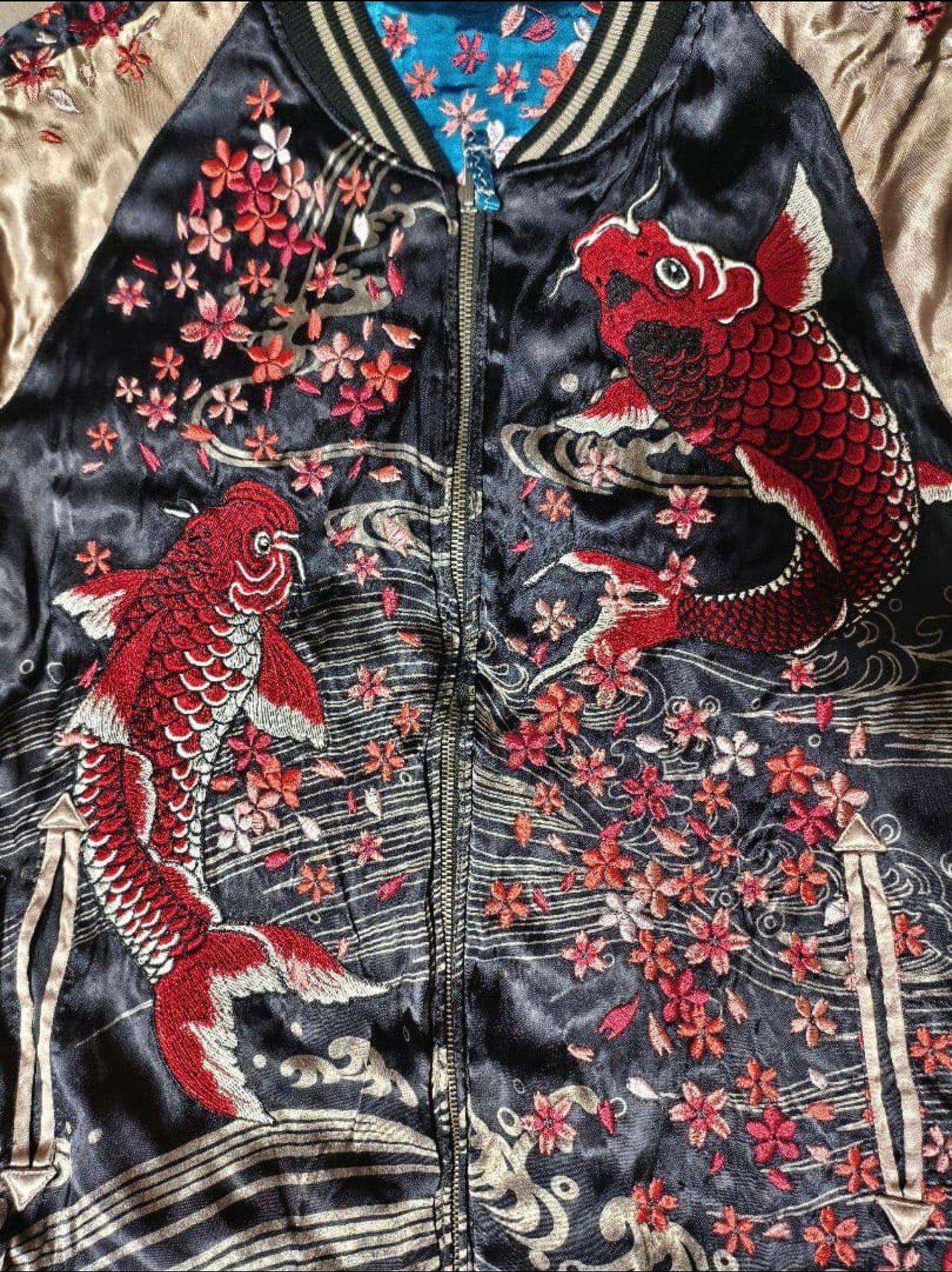 Reversible Japanese Sukajan Jacket – Red Koi Fish & Sakura Embroidery / Hokusai Great Wave Blue Satin Bomber (Vintage Preloved)