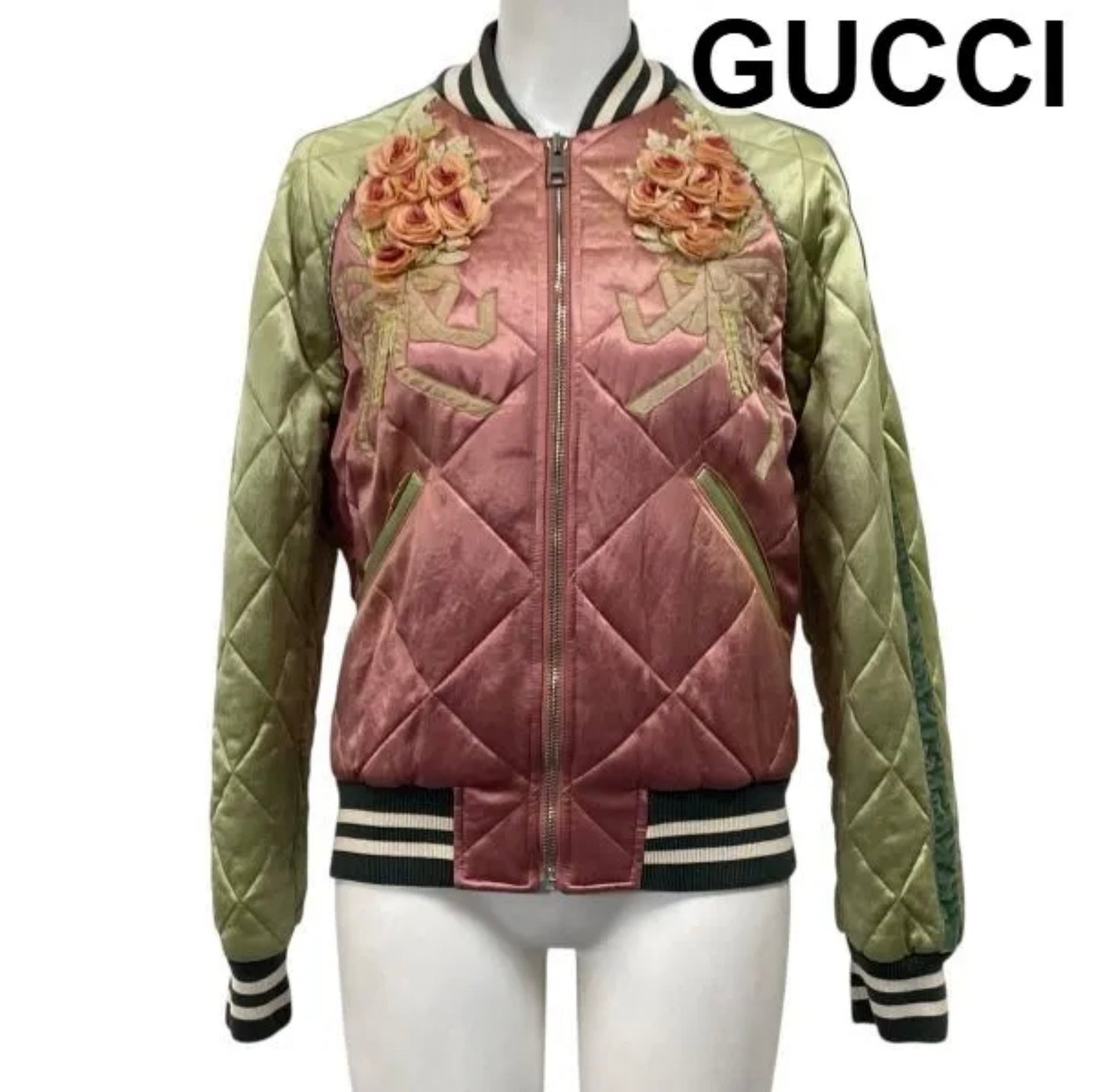 Gucci 17AW Quilted Sukajan Bomber | Rare Ukiyo-e Embroidery, Pearl Logo, Pink Green Satin Jacket | Luxury Collector’s Piece Made in Italy