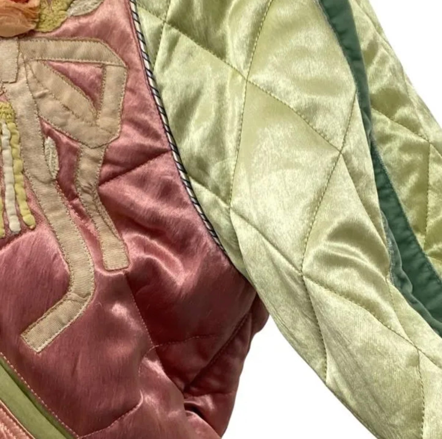 Gucci 17AW Quilted Sukajan Bomber | Rare Ukiyo-e Embroidery, Pearl Logo, Pink Green Satin Jacket | Luxury Collector’s Piece Made in Italy