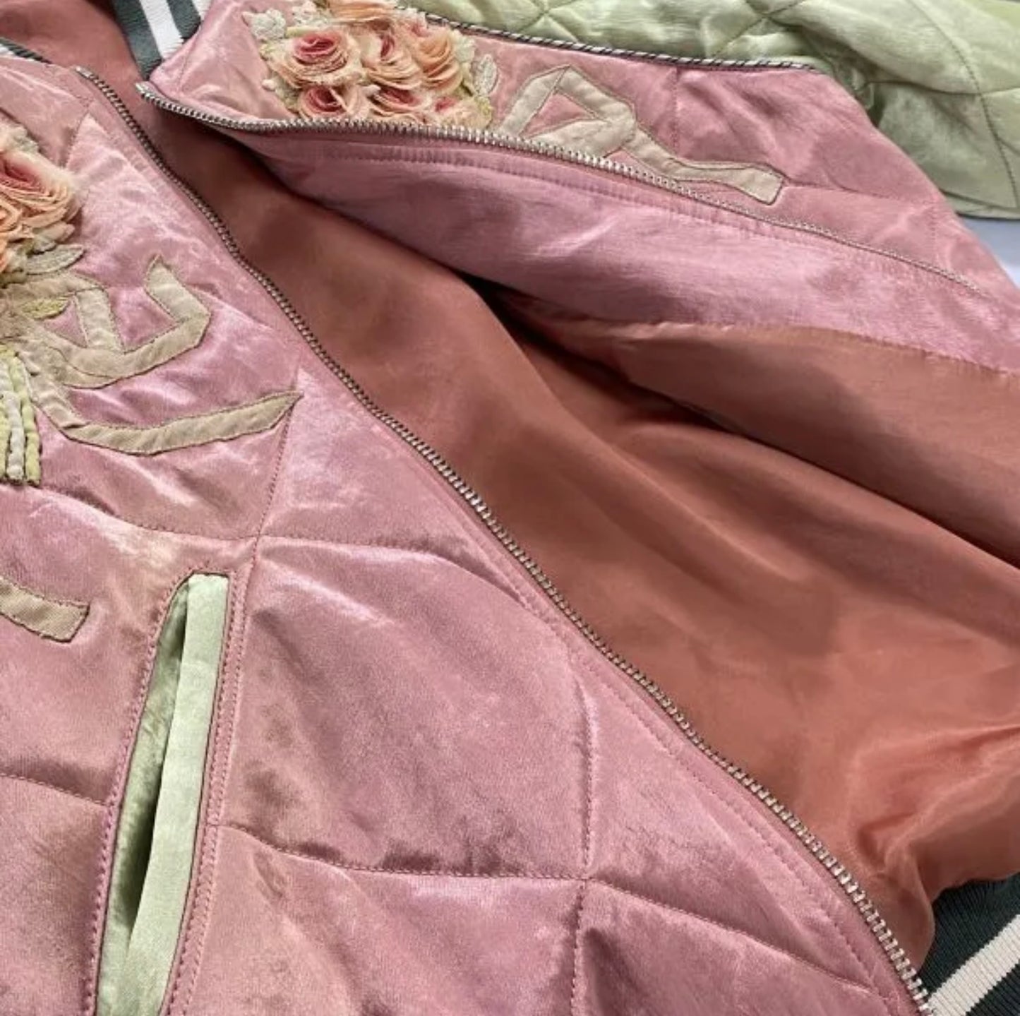 Gucci 17AW Quilted Sukajan Bomber | Rare Ukiyo-e Embroidery, Pearl Logo, Pink Green Satin Jacket | Luxury Collector’s Piece Made in Italy