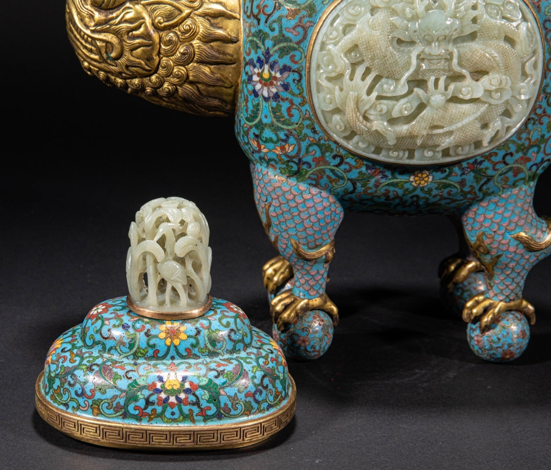 Imperial-Style Chinese Cloisonné Wine Ewer with Carved Jade Medallion — Qing Dynasty Court Tradition Decorative Bronze Vessel