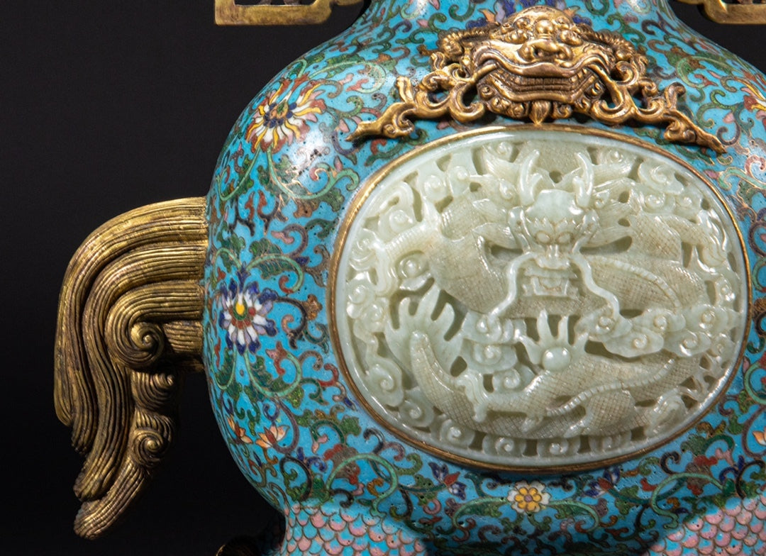 Imperial-Style Chinese Cloisonné Wine Ewer with Carved Jade Medallion — Qing Dynasty Court Tradition Decorative Bronze Vessel