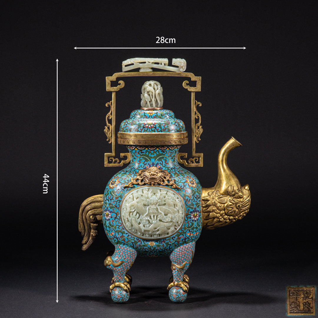 Imperial-Style Chinese Cloisonné Wine Ewer with Carved Jade Medallion — Qing Dynasty Court Tradition Decorative Bronze Vessel