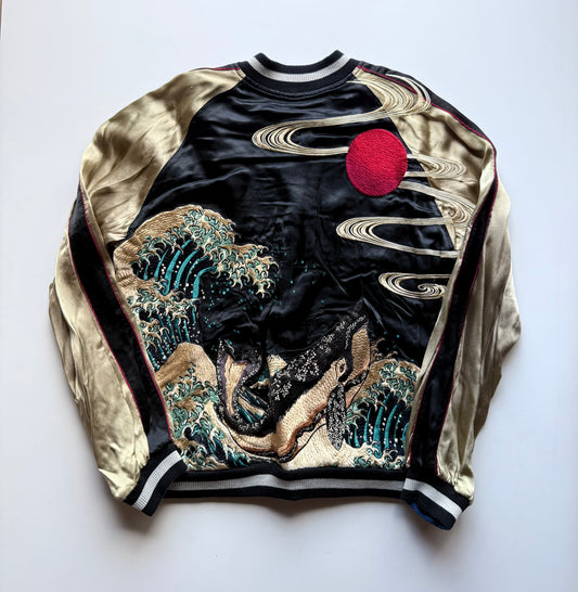Vintage Hyakka Ryoran Hokusai Great Wave Whale Sukajan Jacket Japanese Embroidered Satin Bomber Size L