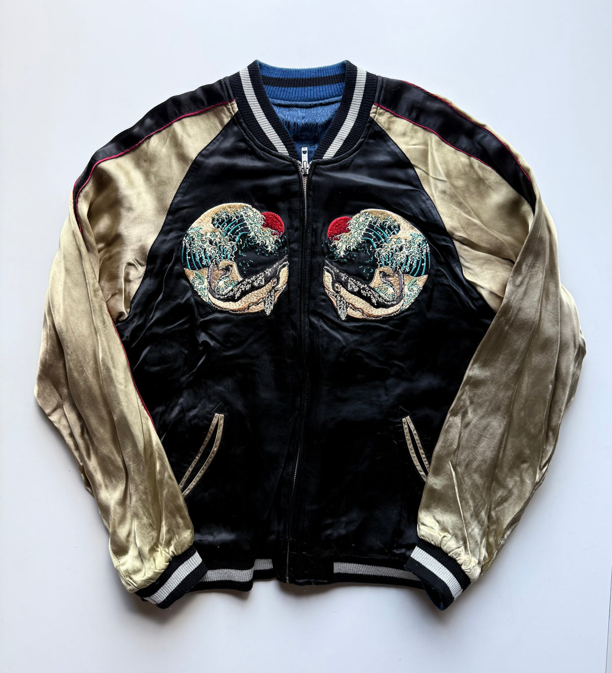 Hyakka Ryoran Hokusai-Inspired Whale & Great Wave Sukajan, Gold Sleeves, Blue Jacquard Lining, Size L