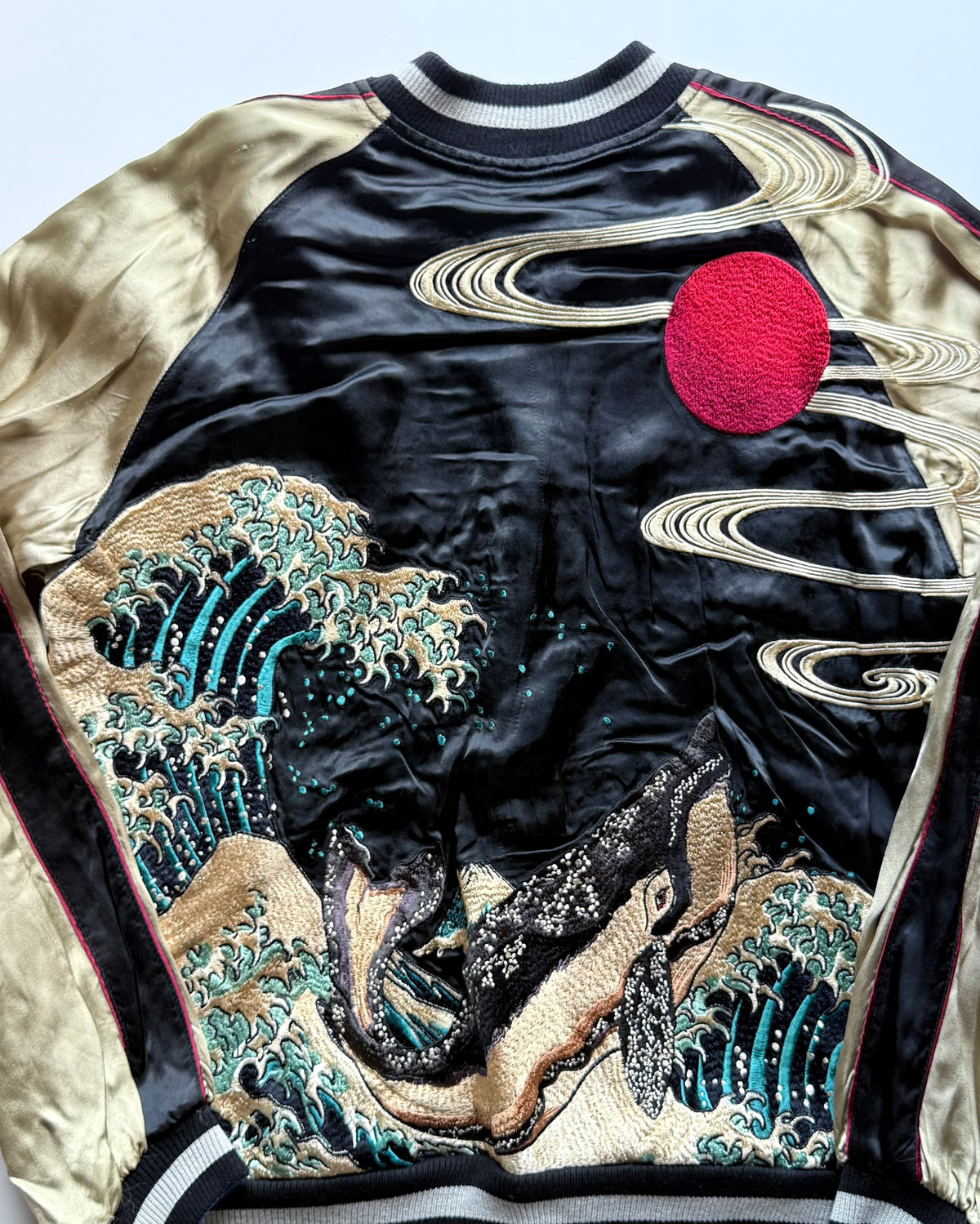 Hyakka Ryoran Hokusai-Inspired Whale & Great Wave Sukajan, Gold Sleeves, Blue Jacquard Lining, Size L