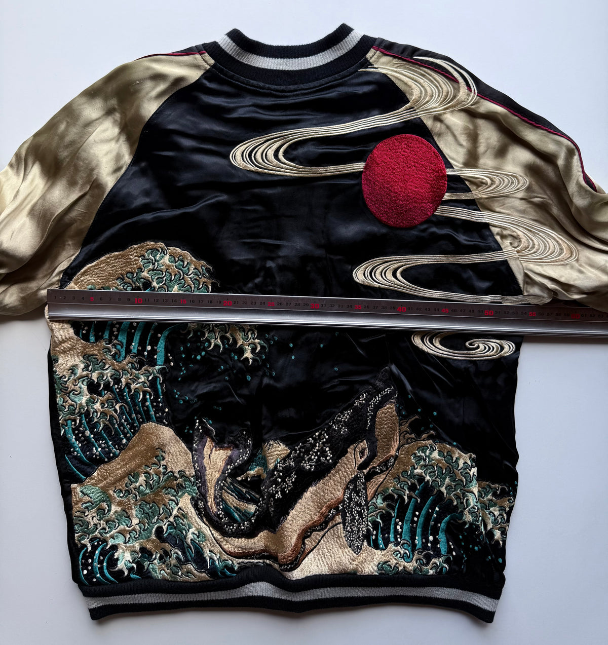 Hyakka Ryoran Hokusai-Inspired Whale & Great Wave Sukajan, Gold Sleeves, Blue Jacquard Lining, Size L