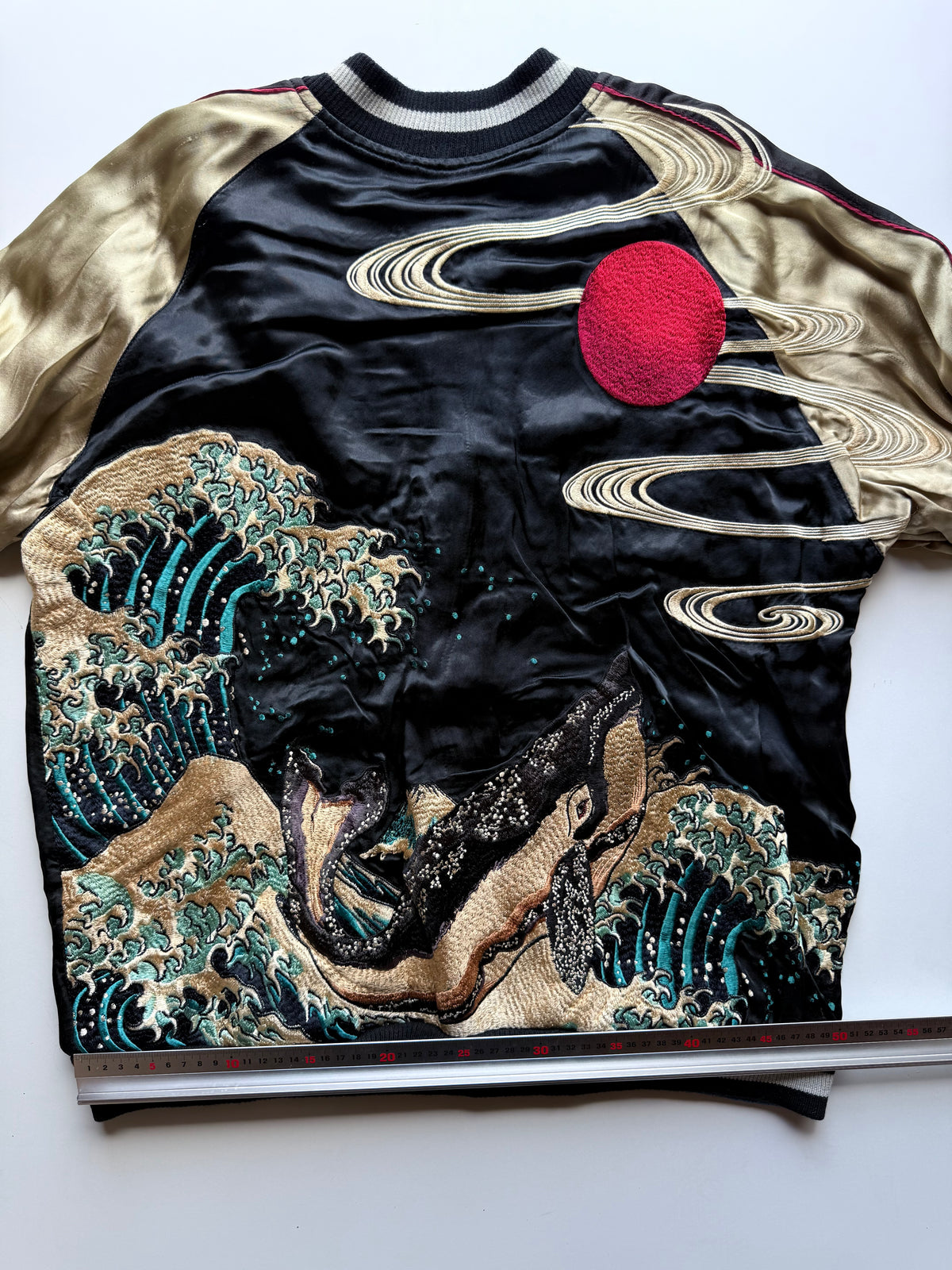 Hyakka Ryoran Hokusai-Inspired Whale & Great Wave Sukajan, Gold Sleeves, Blue Jacquard Lining, Size L
