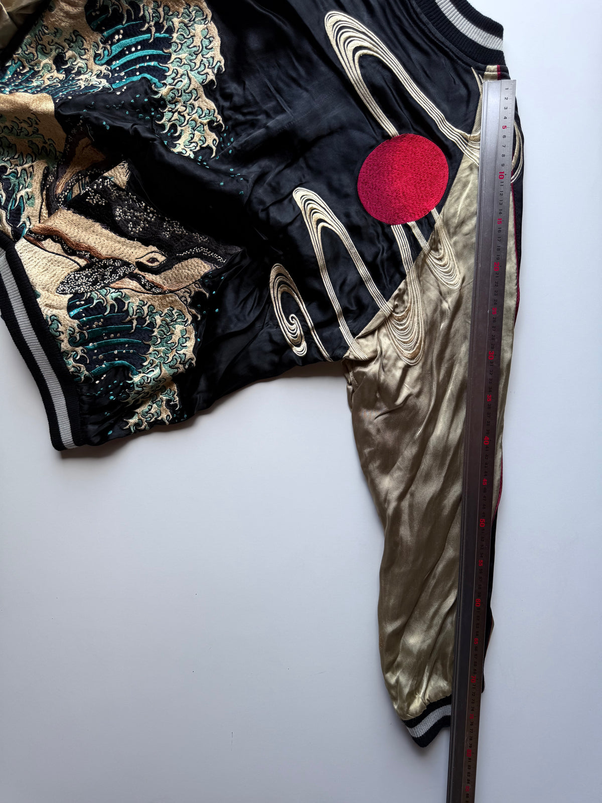 Hyakka Ryoran Hokusai-Inspired Whale & Great Wave Sukajan, Gold Sleeves, Blue Jacquard Lining, Size L