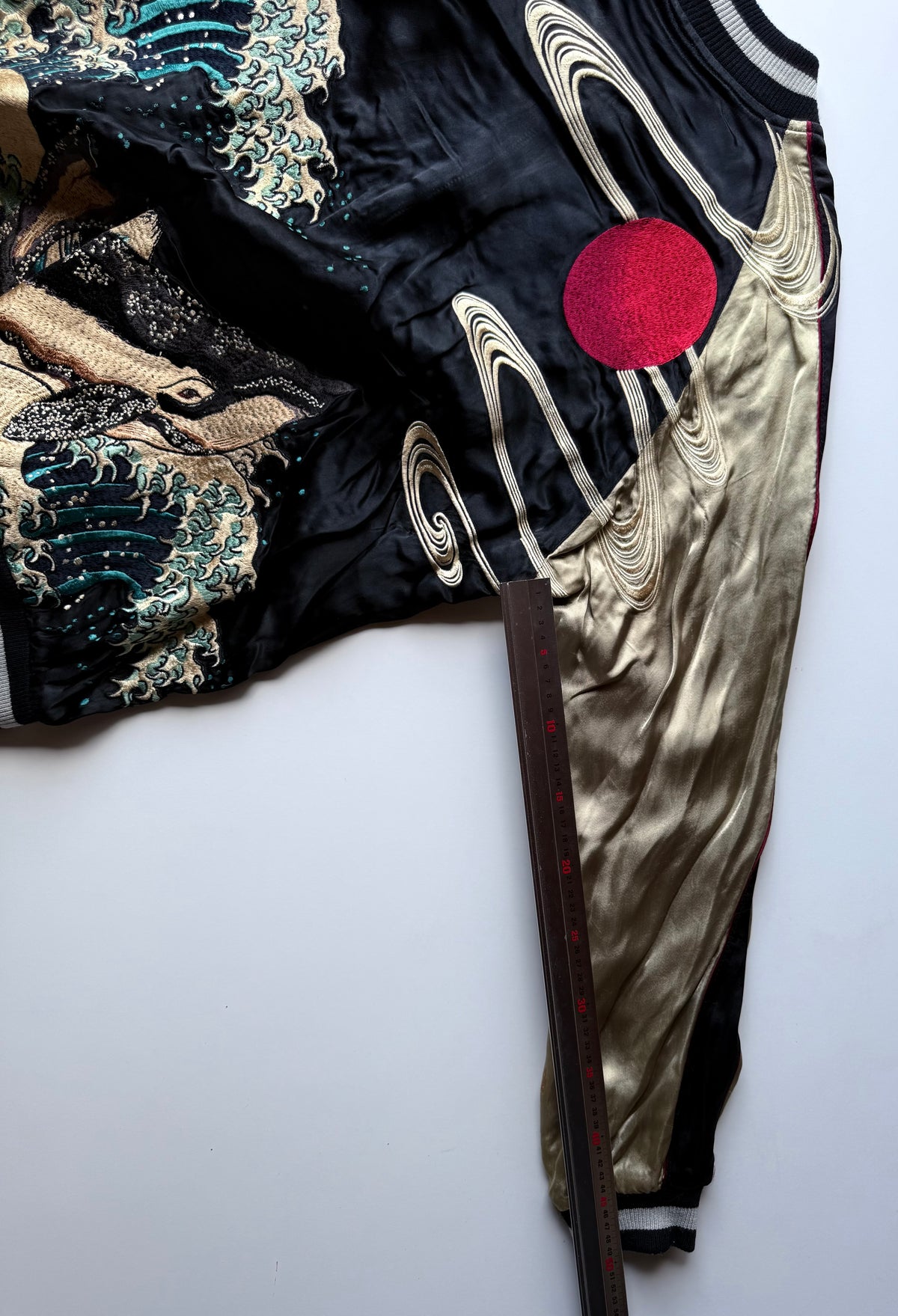 Hyakka Ryoran Hokusai-Inspired Whale & Great Wave Sukajan, Gold Sleeves, Blue Jacquard Lining, Size L