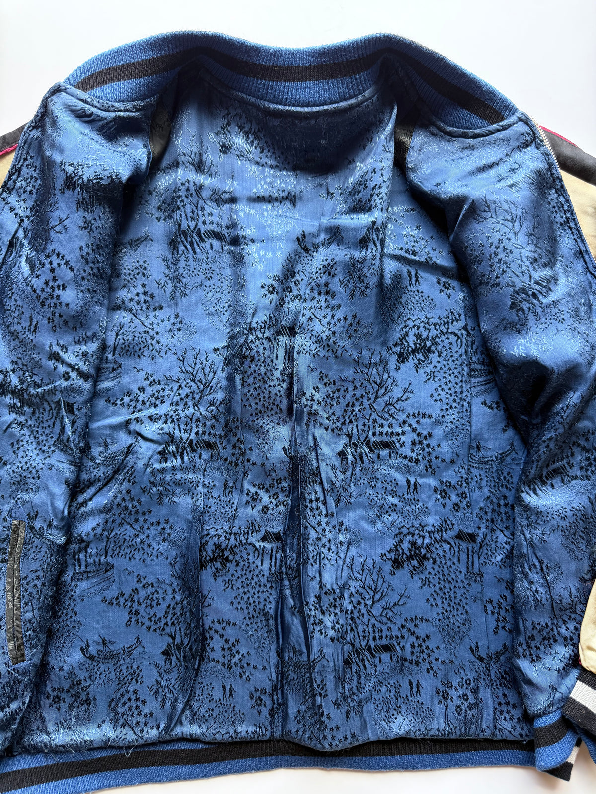 Hyakka Ryoran Hokusai-Inspired Whale & Great Wave Sukajan, Gold Sleeves, Blue Jacquard Lining, Size L