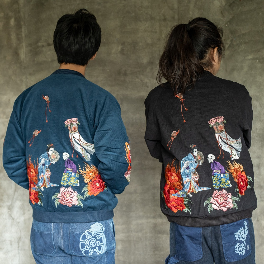Dope Japonista Japonisme Japonesque Ukiyoe Style Botan Toro Peony Lantern Embroidered Sukajan Jacket Black M L XL (Black)