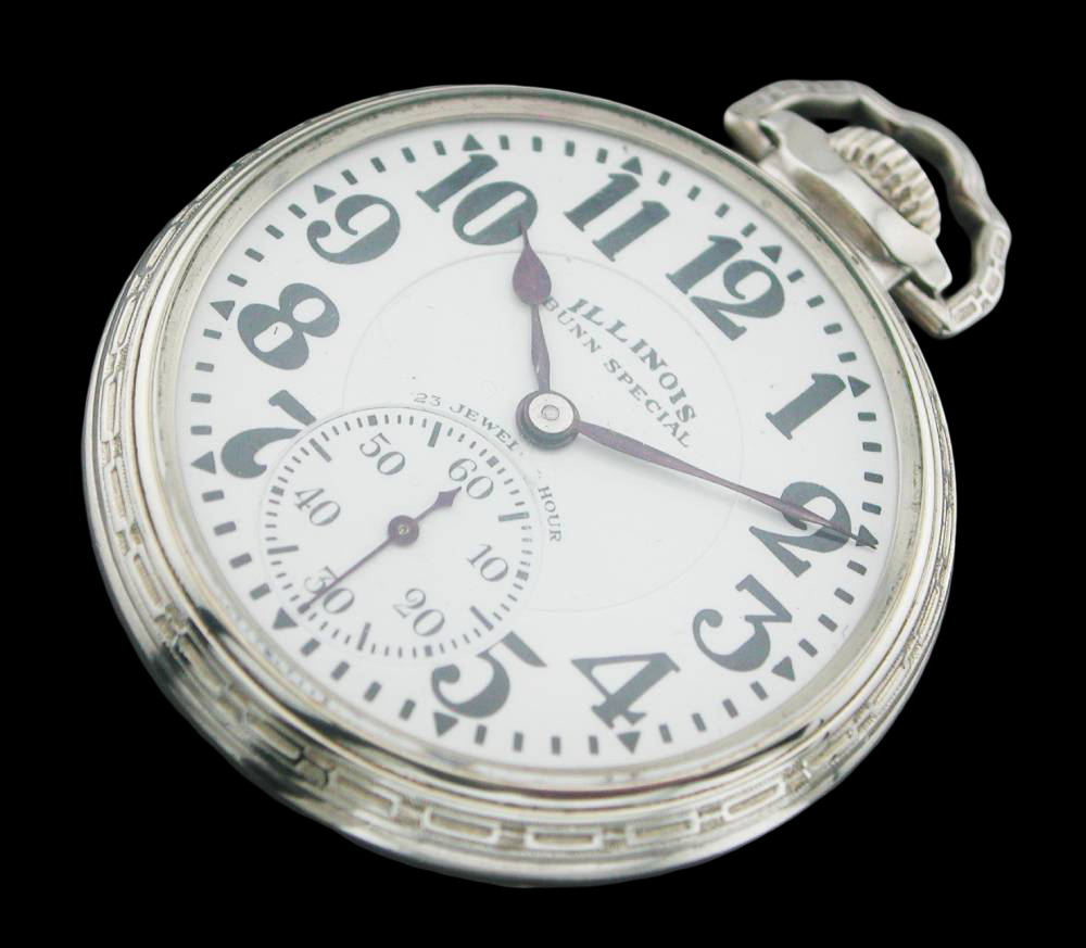 Illinois Bunn Special 23J 60-Hour Railroad Pocket Watch – 14KWGF Skeleton Case – Private Dial – Rare Antique Railroad Chronometer VA Grade
