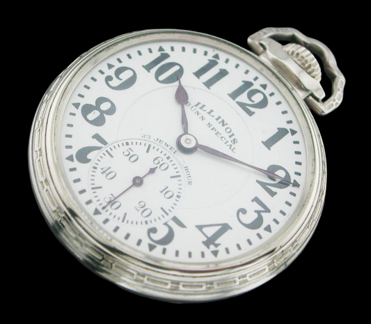 Illinois Bunn Special 23J 60-Hour Railroad Pocket Watch – 14KWGF Skeleton Case – Private Dial – Rare Antique Railroad Chronometer VA Grade