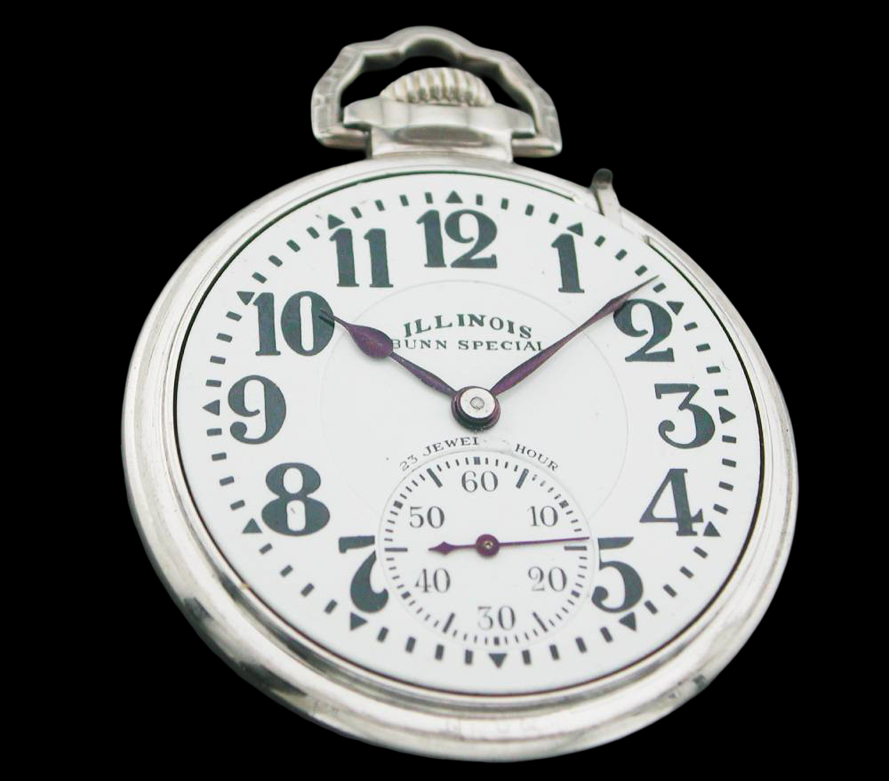 Illinois Bunn Special 23J 60-Hour Railroad Pocket Watch – 14KWGF Skeleton Case – Private Dial – Rare Antique Railroad Chronometer VA Grade
