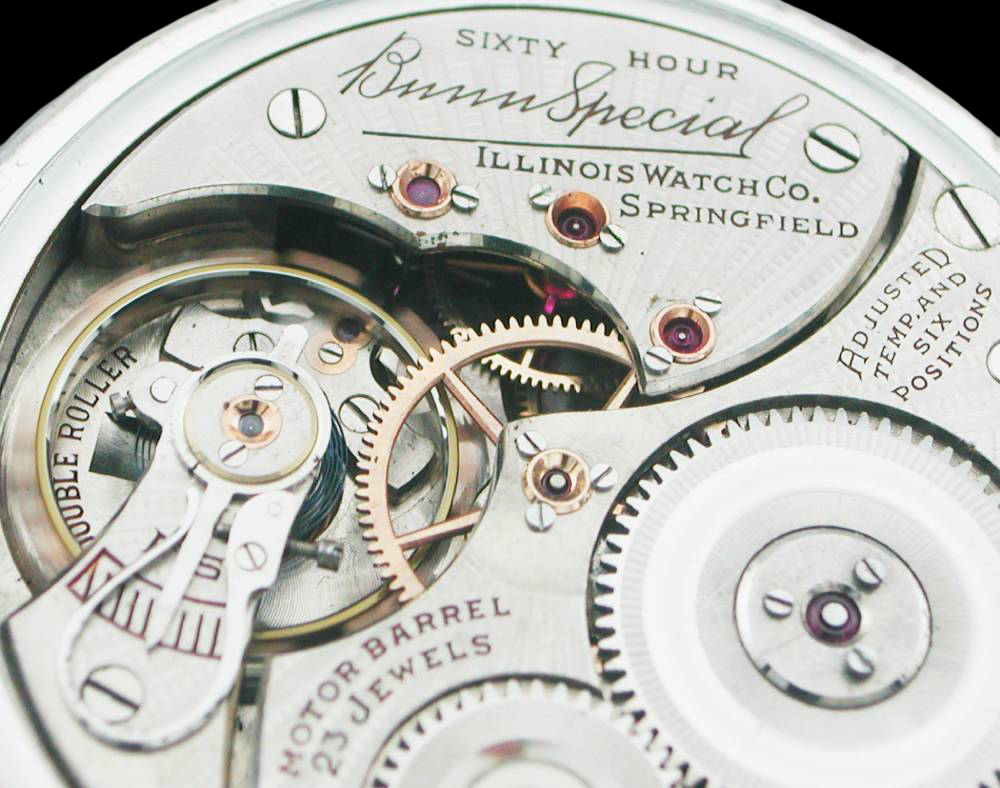 Illinois Bunn Special 23J 60-Hour Railroad Pocket Watch – 14KWGF Skeleton Case – Private Dial – Rare Antique Railroad Chronometer VA Grade