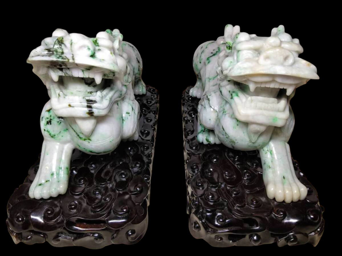 Monumental Natural Jadeite Shishi Lion Guardian Pair on Carved Bases | 18kg Total | Japan Gem Grading Center Certified