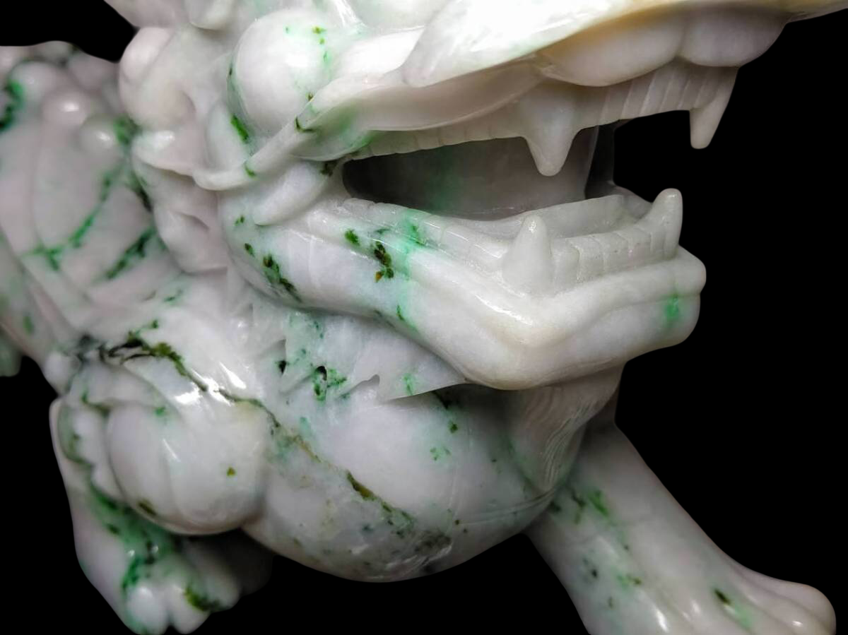Monumental Natural Jadeite Shishi Lion Guardian Pair on Carved Bases | 18kg Total | Japan Gem Grading Center Certified