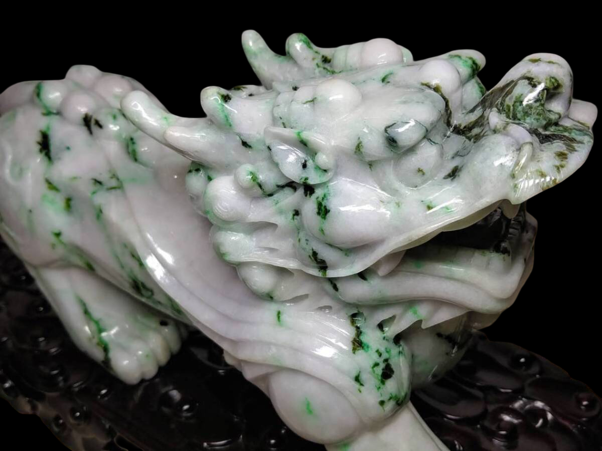 Monumental Natural Jadeite Shishi Lion Guardian Pair on Carved Bases | 18kg Total | Japan Gem Grading Center Certified