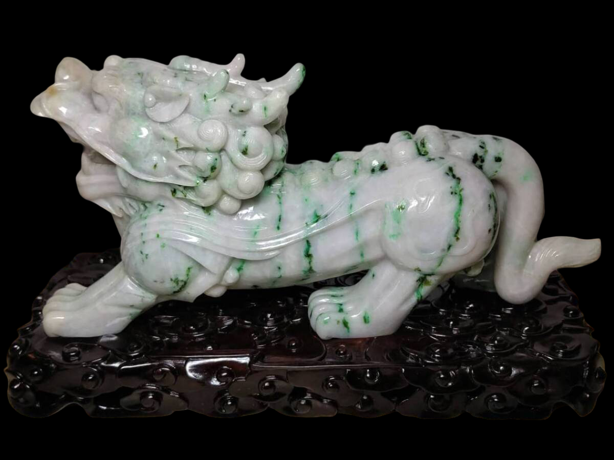 Monumental Natural Jadeite Shishi Lion Guardian Pair on Carved Bases | 18kg Total | Japan Gem Grading Center Certified