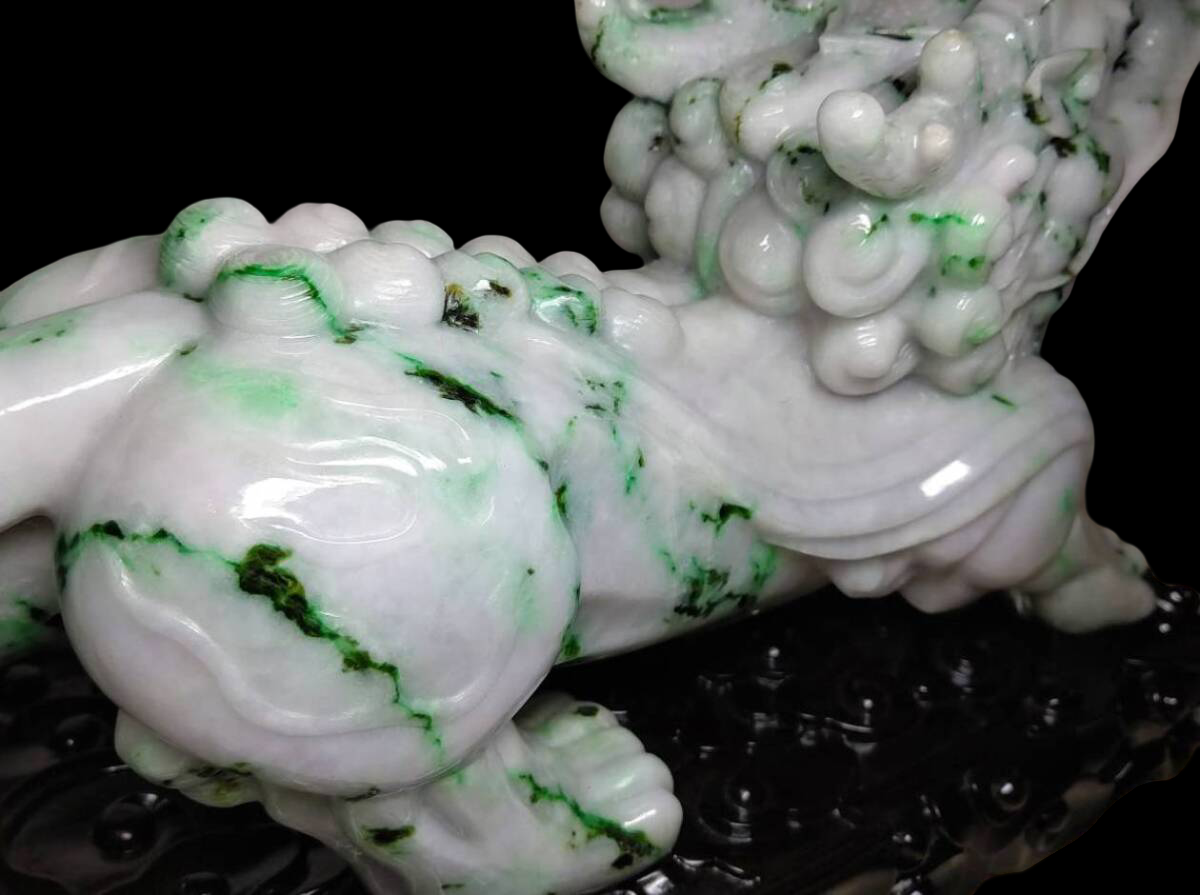 Monumental Natural Jadeite Shishi Lion Guardian Pair on Carved Bases | 18kg Total | Japan Gem Grading Center Certified