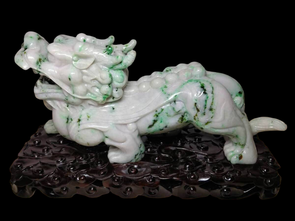 Monumental Natural Jadeite Shishi Lion Guardian Pair on Carved Bases | 18kg Total | Japan Gem Grading Center Certified