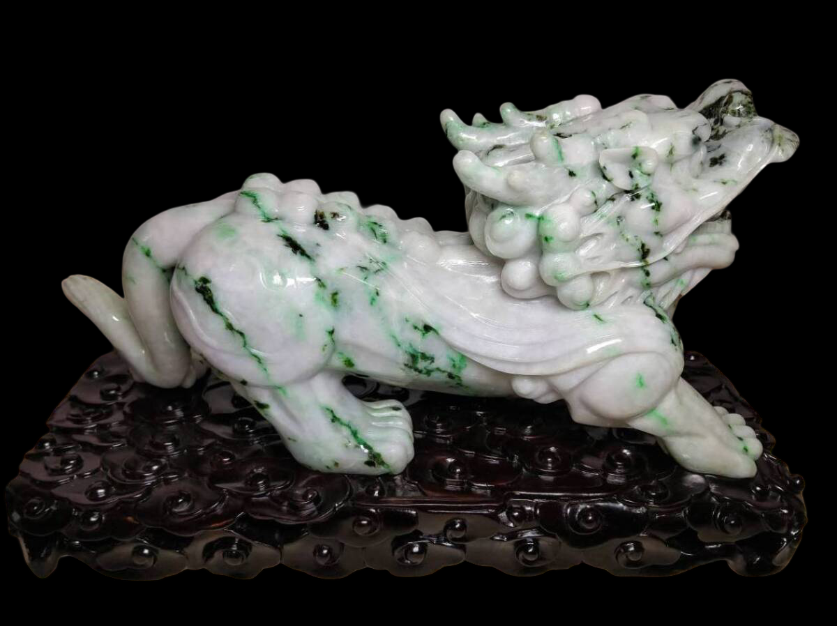 Monumental Natural Jadeite Shishi Lion Guardian Pair on Carved Bases | 18kg Total | Japan Gem Grading Center Certified