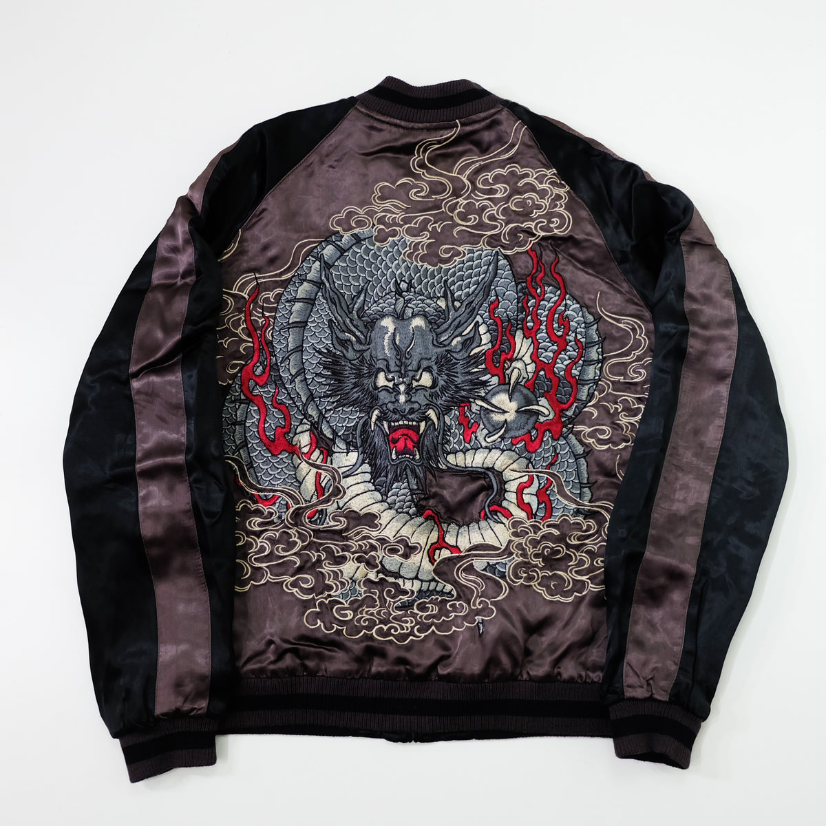 Japanese Reversible Dragon Sukajan Jacket Size M | Black Red Brown Embroidered Ryū Flame Yokosuka Souvenir Bomber
