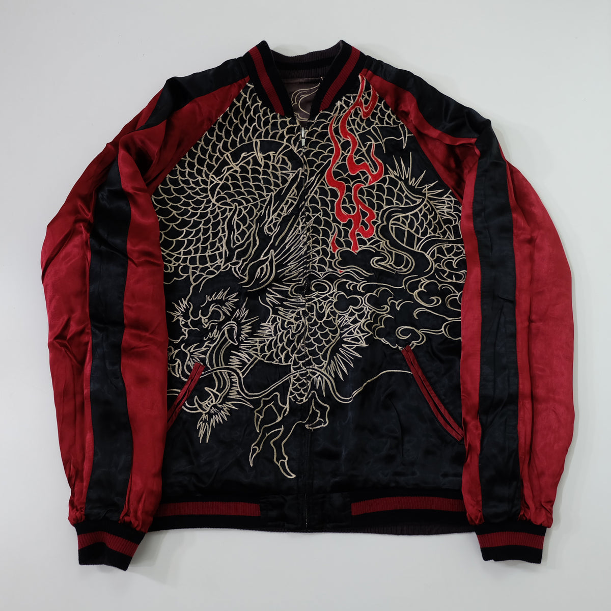 Japanese Reversible Dragon Sukajan Jacket Size M | Black Red Brown Embroidered Ryū Flame Yokosuka Souvenir Bomber